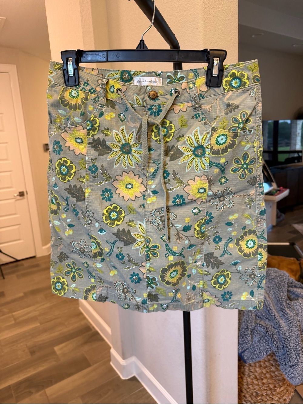 Christopher & Banks Green Floral Drawstring Mini Skirt - Teal Built In Shorts 4